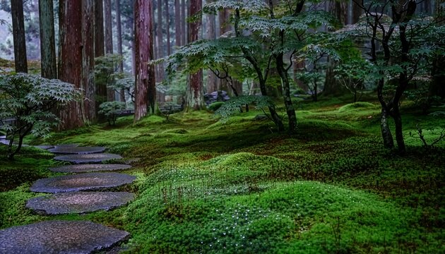 雨上がりの苔庭、深緑に包まれる静寂の京都　生成AI