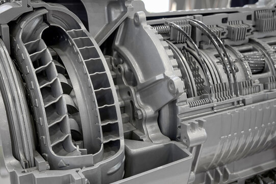 Close-up of torque converter of heavy truck 6-speed automatic gearbox in section.