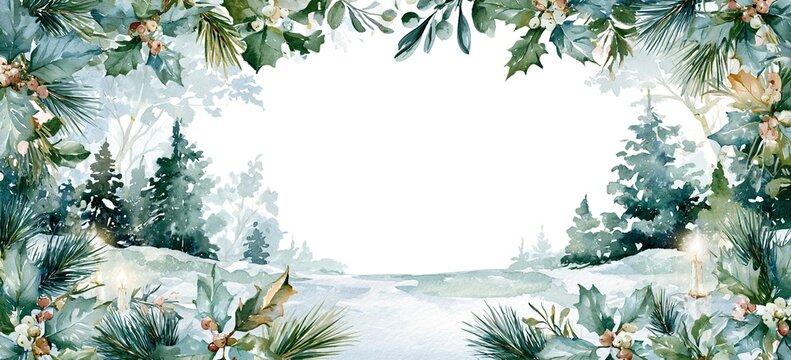 Snowy clearing framed by watercolor holly and pine branches, candlelight accents, white center for wording, delicate festive border