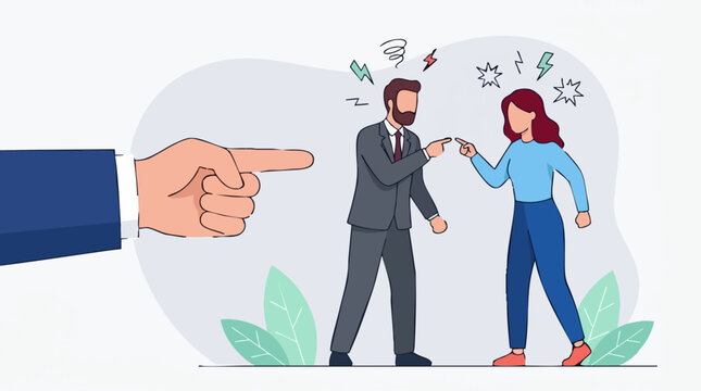 Conflict and blame: Man and woman arguing, pointing fingers with accusatory hand