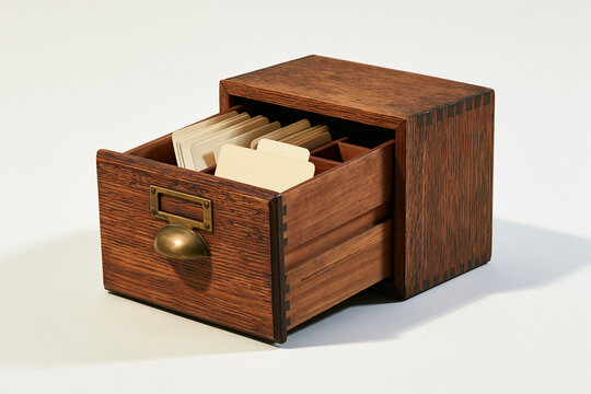 Wooden storage drawer with open contents and file cards inside  