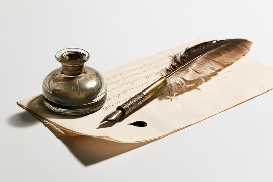 Ink bottle and feather quill pen on vintage parchment paper  