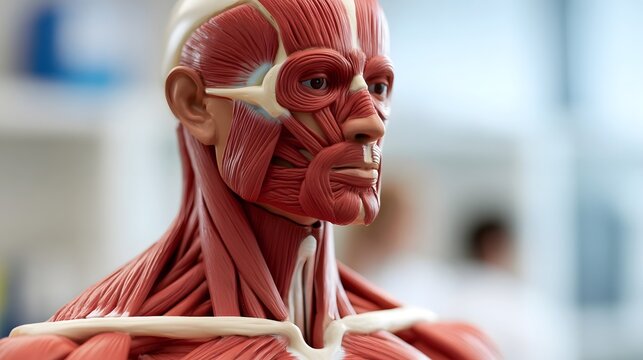 Anatomical model of human head and neck muscles shown in detailed view with focus on facial and cervical musculature
