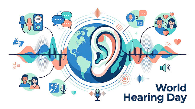 Conceptual illustration for World Hearing Day showcasing global ear health awareness and communication technology