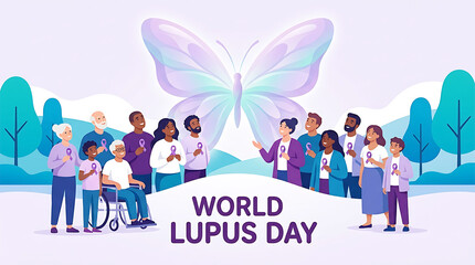Fototapeta premium Diverse group of people showing purple ribbons and a large butterfly symbolizing world lupus day awareness and support