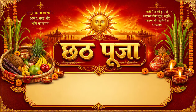 Chhath puja festival greeting banner with traditional offerings sun illustration and empty space for text hindu festival sun god festival