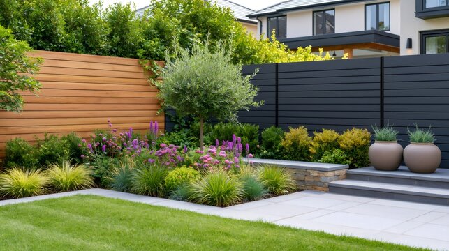 Modern garden design featuring wooden and composite fences