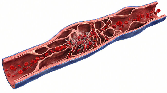 3D Medical Illustration of Blood Clot Formation and Fibrin Mesh Inside a Damaged Blood Vessel