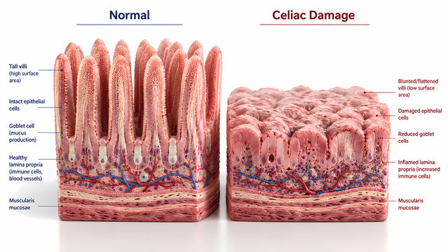 3D Comparative Infographic of Normal Intestinal Villi vs Celiac Disease Damaged Mucosa
