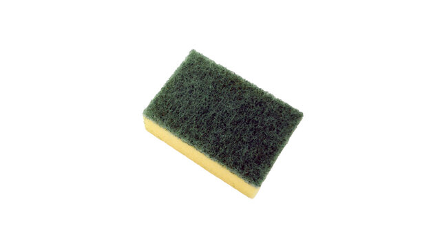 Double sided green and yellow kitchen sponge isolated on transparent background