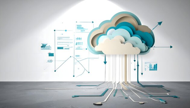 Abstract 3D cloud computing concept with digital data flow and network connections.