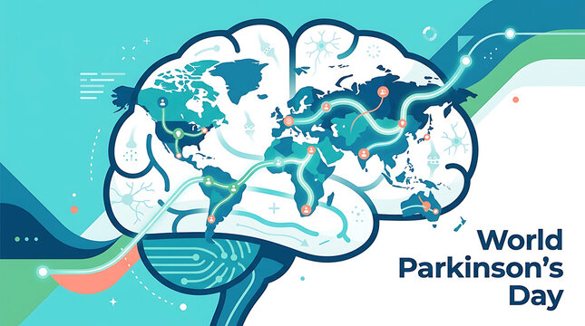 Stylized brain graphic with world map connection pathways for World Parkinsons Day awareness