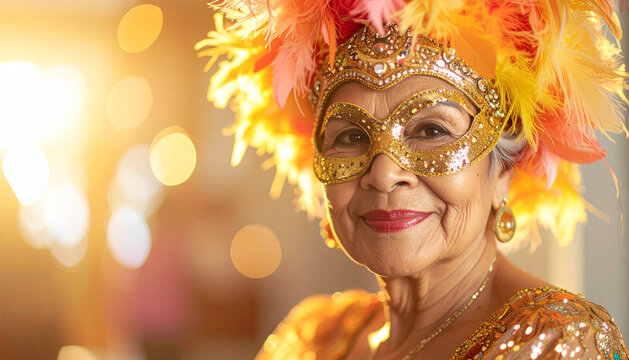 Carnival elderly woman in bright wig and glittering mask smiling confidently in festive golden light generative AI