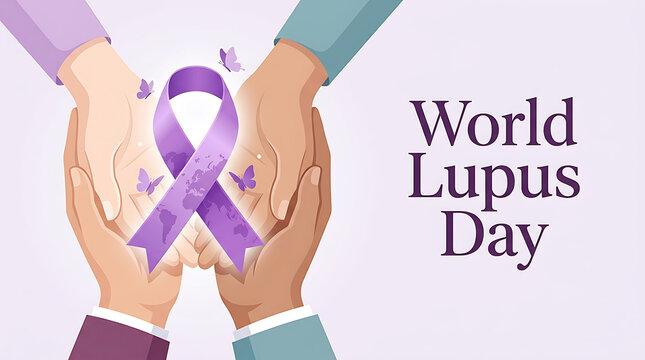 Two pairs of hands gently holding a purple lupus awareness ribbon with butterflies symbolizing hope and support