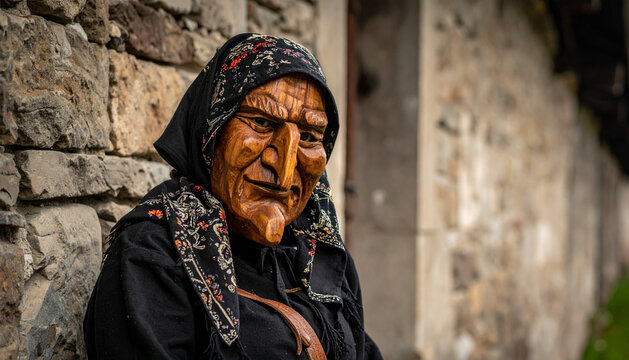 Traditional Fasnet witch in carved wooden mask patterned headscarf and rustic dress before old town wall generative AI