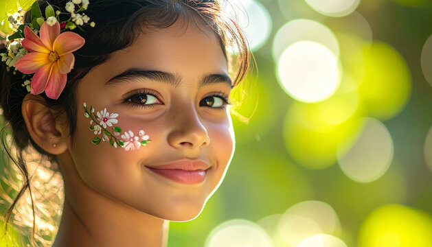 Girl with delicate flower and vine face painting on cheeks smiling serenely in green light generative AI