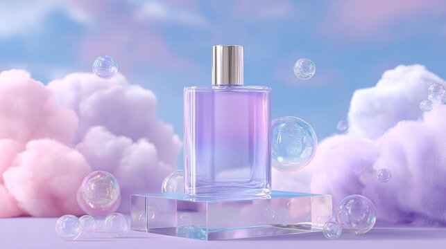 Glass perfume bottle standing among clouds and bubbles