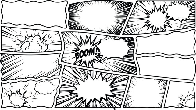 Manga comic page layout with dynamic action lines and blank speech bubbles comic book blank panels boom text comic strip black and white manga art graphic design comic template explosion