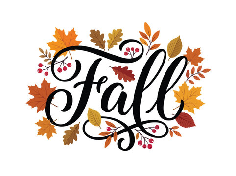 Elegant Calligraphy Fall Text Surrounded by Autumn Leaves and Red Berries Frame