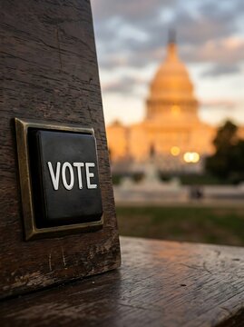 Vote button with us capitol building in background