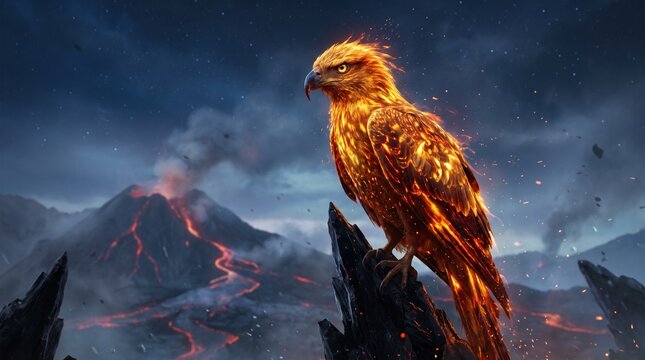 Mythical celestial phoenix firebird perched on volcanic obsidian spire with glowing embers at dusk