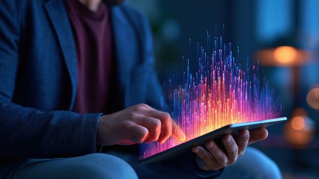 A technology specialist analyzes a glowing cryptographic blockchain interface, highlighting cybersecurity and digital innovation in a high-tech environment.
