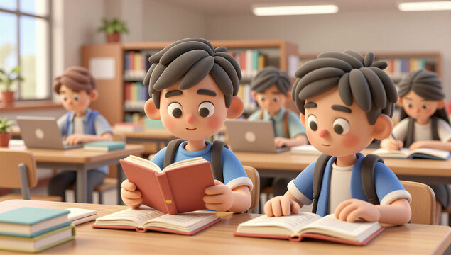 3D Indian College Students Studying Together in Modern University Library