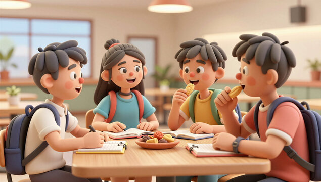 Indian College Students Socializing and Eating Together in University Cafeteria