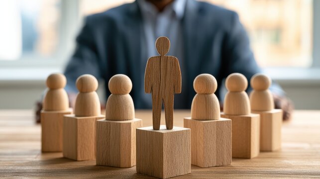 A wooden leader figure guiding a team of stylized wooden blocks, symbolizing leadership, teamwork, and collaboration in a business context.