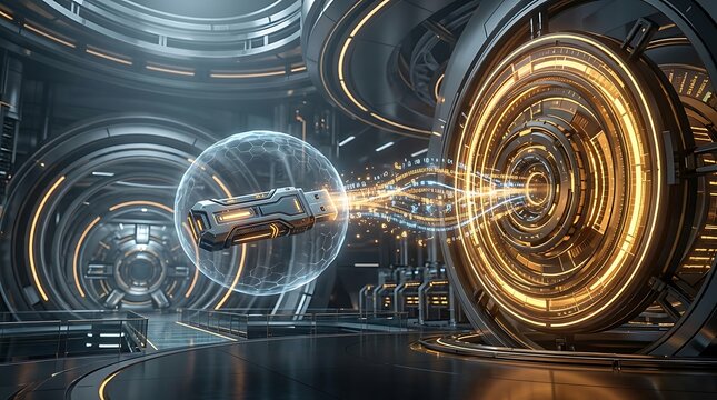 Futuristic science fiction interior with glowing orange light rings and a high tech mechanical device emitting energy beams in a dark space station hallway