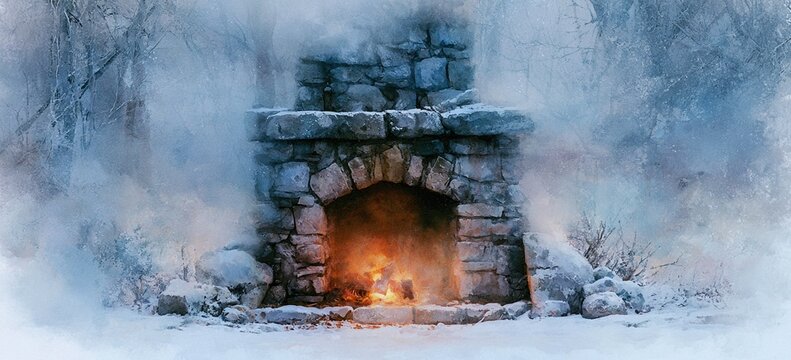 Watercolor winter scene with stone fireplace glowing among snow covered trees, floating embers and dreamy blurred edges framing open space