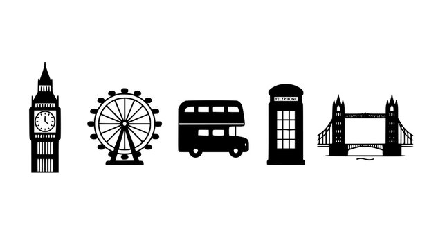 London landmarks silhouette set with Big Ben London Eye bus telephone booth and Tower Bridge vector illustration