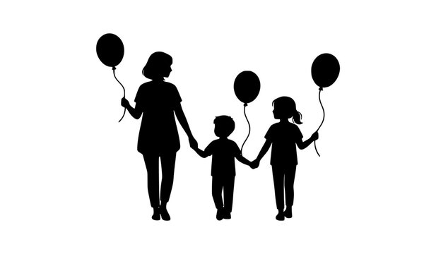 Silhouette of mother walking with children holding balloons isolated on white background vector illustration