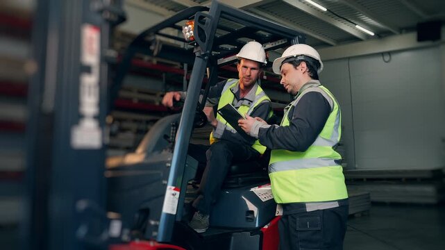 Two warehouse workers review logistics and operational data on a tablet beside a forklift, coordinating material handling and warehouse operations.