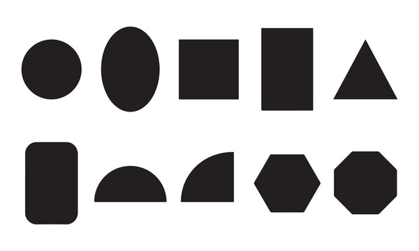 Set of ten simple black geometric shapes including circle, oval, square, rectangle, triangle, rounded rectangle, semicircle, quarter circle, hexagon, and octagon on white background