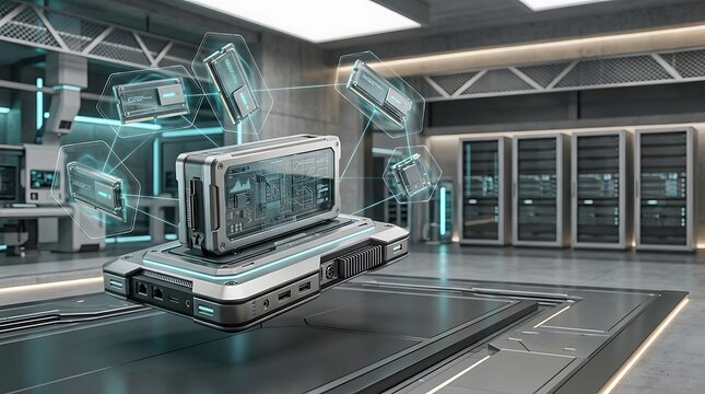 Futuristic server hardware device floating in a modern data center room with server racks and green digital lights