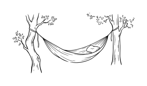 Relaxing hammock with pillow tied between two trees line art vector illustration graphic design element