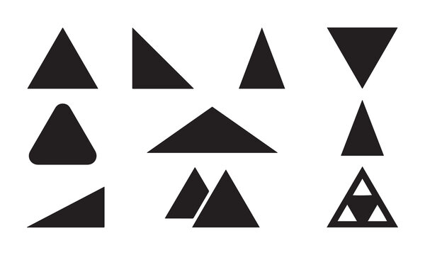 Set of various geometric triangle shapes including right angled, isosceles, and equilateral triangles in solid black color isolated on a white background