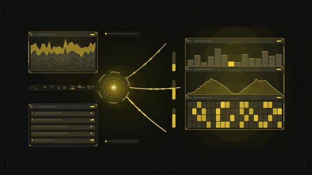 Abstract animated load balancing distributor splitting drawn as yellow and gold lines and shapes on a deep dark background. Seamless looping 4K motion graphics video with free space for text, ideal fo