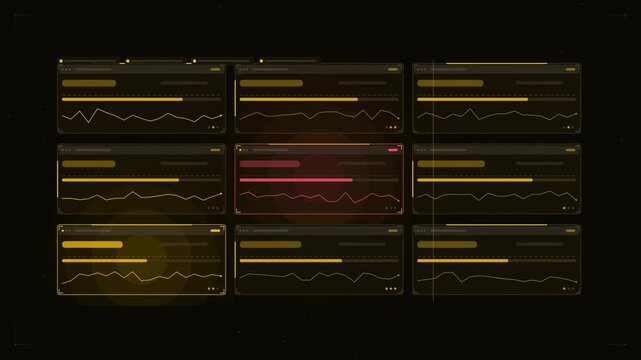 Abstract animated kpi dashboard cards refreshing drawn as coral and magenta lines and shapes on a deep dark background. Seamless looping 4K motion graphics video with free space for text, ideal for da
