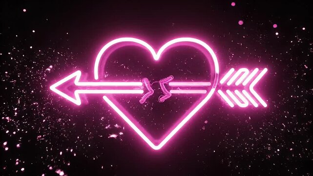 Animated pink neon arrow piercing a glowing heart shape against a dark background, symbolizing love