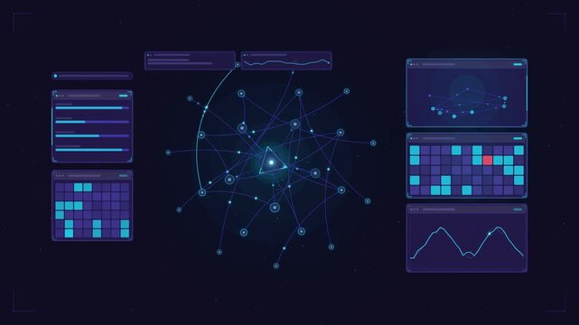 Abstract animated network topology levels rebuilding drawn as blue and cyan lines and shapes on a deep dark background. Seamless looping 4K motion graphics video with free space for text, ideal for te