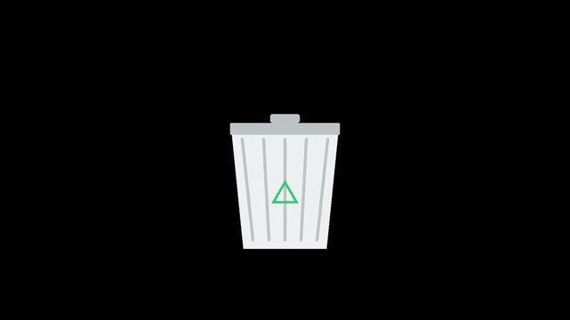 Minimalist animation of paper falling into a recycling bin on black background.