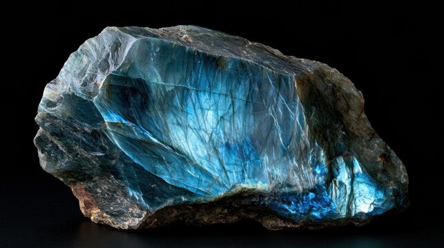A large piece of blue labradorite shows off bright colors and flashing iridescence against a dark backdrop with empty space for text.
