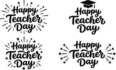Obraz premium Happy teacher day handwritten calligraphy collection with decorative elements and graduation cap