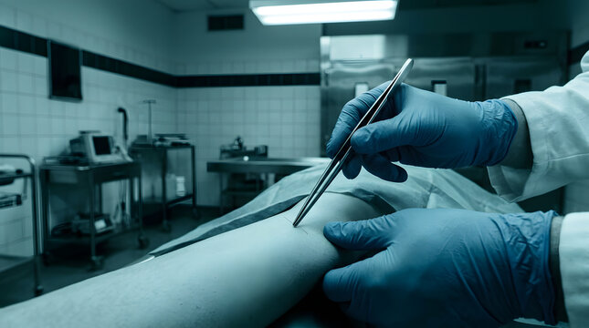 Forensic scientist performing autopsy examination on a body.