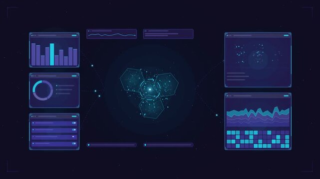 Abstract animated data visualization cloud clustering drawn as blue and cyan lines and shapes on a deep dark background. Seamless looping 4K motion graphics video with free space for text, ideal for t