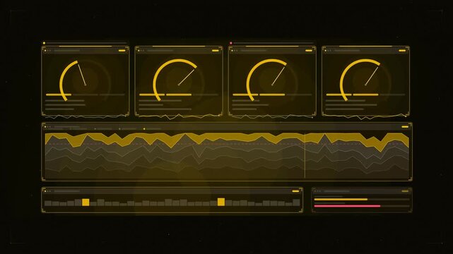 Abstract animated performance metrics gauges sweeping drawn as yellow and gold lines and shapes on a deep dark background. Seamless looping 4K motion graphics video with free space for text, ideal for