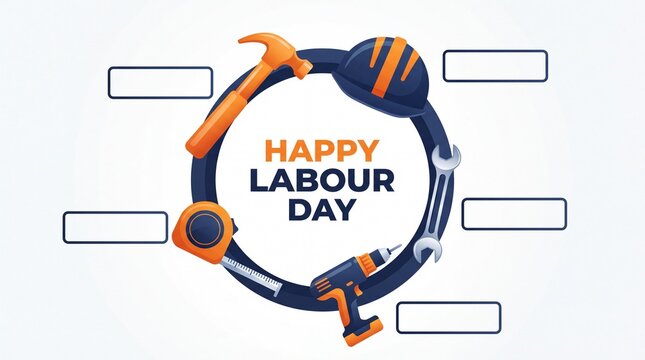 Happy Labour Day concept illustration with construction tools. Orange hammer safety helmet measuring tape electric drill and wrench arranged in a circle. Empty text boxes on a clean background