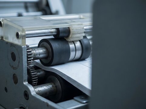 Closeup of industrial paper folding machine rollers